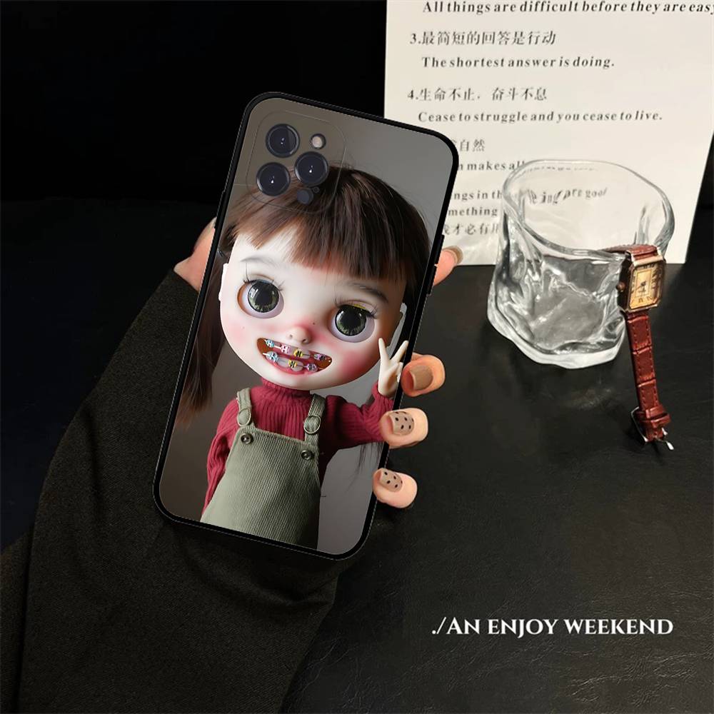 Japanese Korean Retro Doll Dark Baby For IPhone 17 16 15 14 13 12 11 Pro Max Plus Shockproof Black Soft Phone Cover
