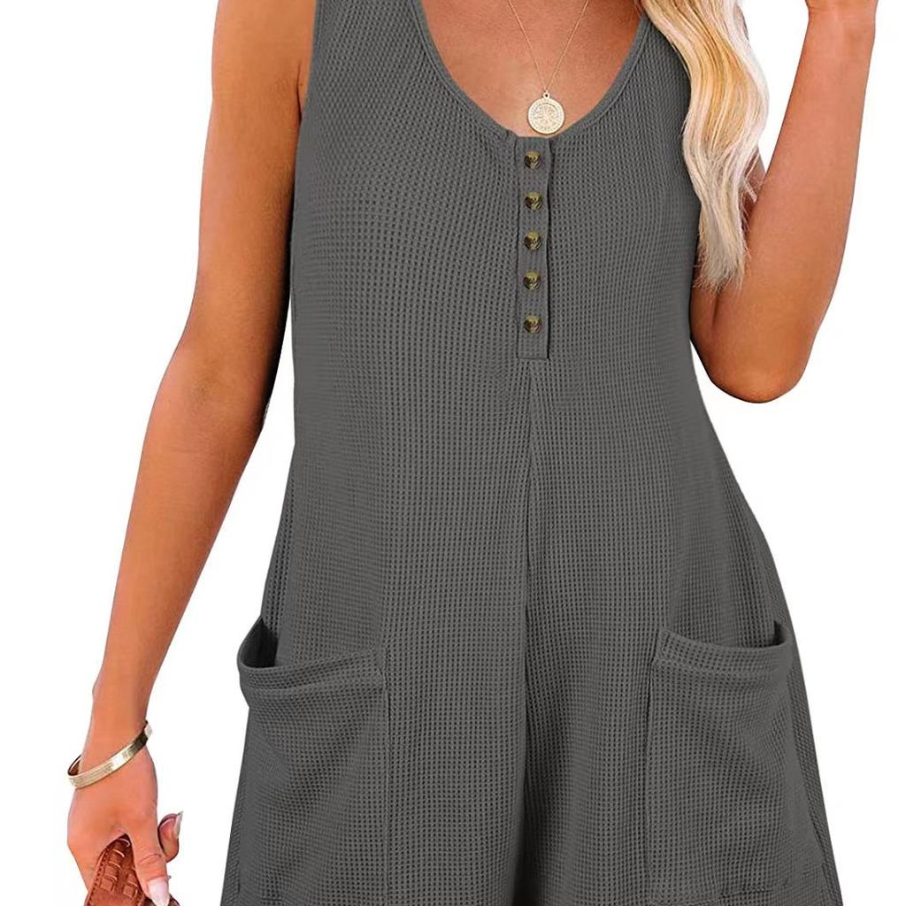 Button-Down-Overall vorne mit Taschen, lässiger, einfarbiger, ärmelloser Sommer-Overall