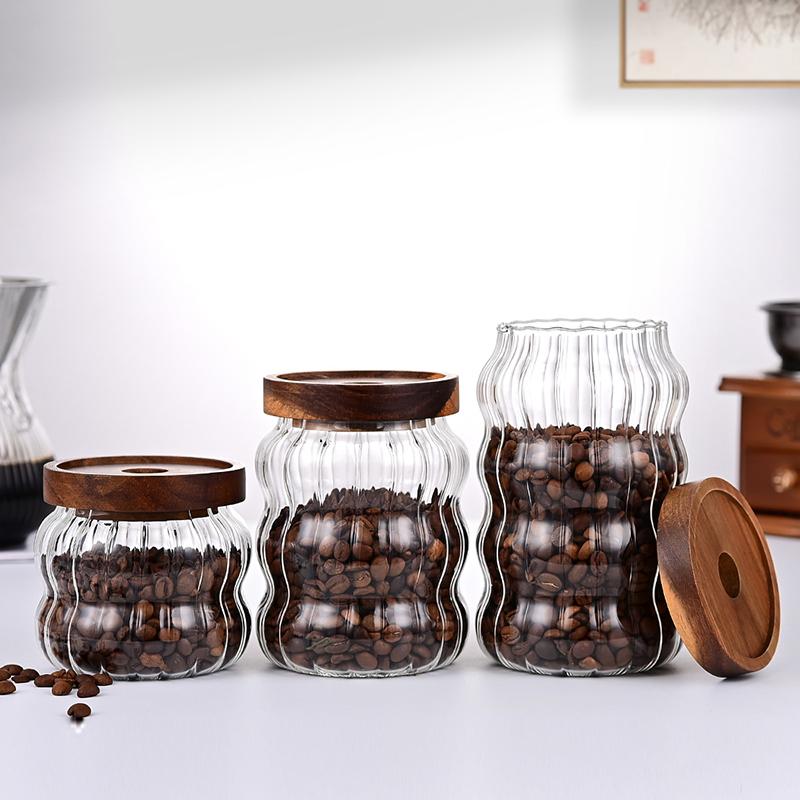 Kitchen High Borosilicate Glass Sealed jar Canister Glass Container Wood Lid Food Storage Jar Coffee Bean Wheaten Grain Oat Can