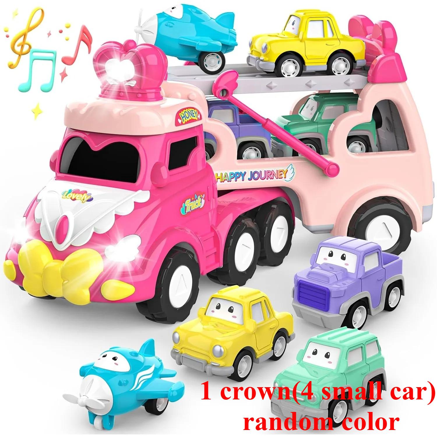 

Toddler Car Toys for Girl Pink Princess Transport Carrier Trucks with Lights & Music Friction Power Birthday Christmas Gift
