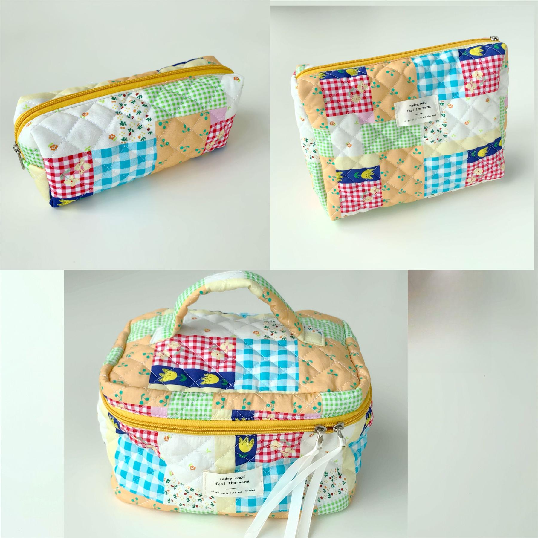 

Лоскутная клетчатая косметичка, стеганая, большой вместимости, ручная, для хранения, хлопковый пенал, сумка для кистей для макияжа, для студентки