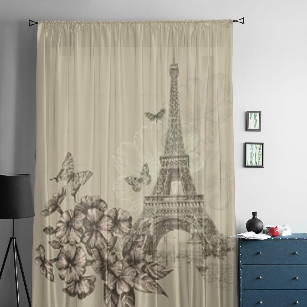 Vintage Eiffelturm und blühende Phlox Transparente Vorhänge für Wohnzimmer Tüll Fenstervorhang Schlafzimmer Küche Schleier Drapierungen