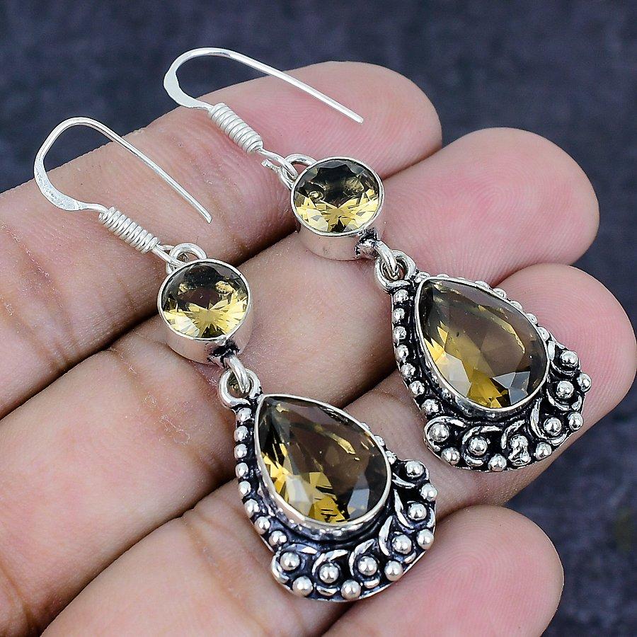 Natürlicher Rauchquarz Edelstein Handgefertigter 925 Sterlingsilber Ohrring 2,17" I5n51