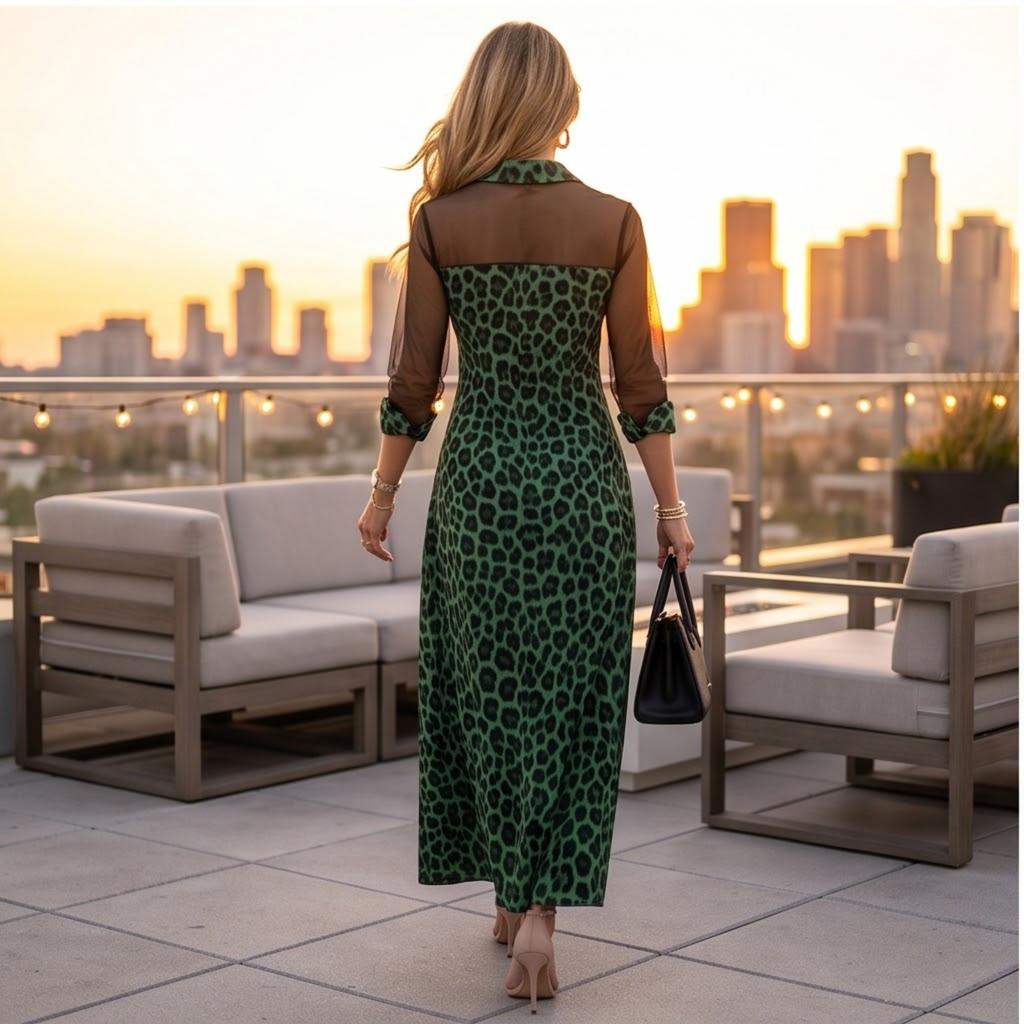 Women's Leopard Print Mesh Patchwork Long Sleeve Dress, Elegant Slim Fit with Slit for Party