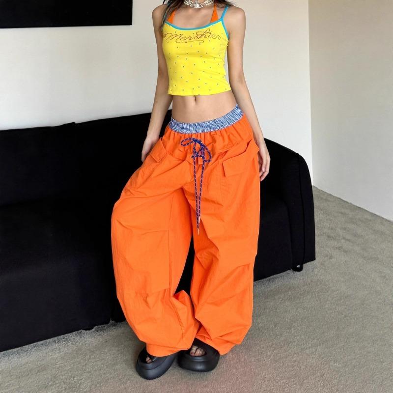 Dopamine Contrasting Color Splicing Plaid Paratrooper Pants Men's and Women's Summer Loose Wide-leg Scimitar Pants Pleated Tooling Casual Pants