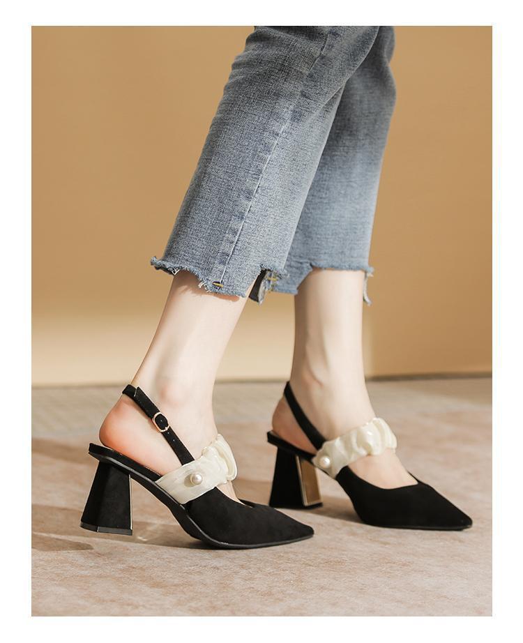 Black High-heeled Shoes for Women's New Summer Wear In 2025, Shallow French Pointed Thick-heeled Bag-head Sandals.