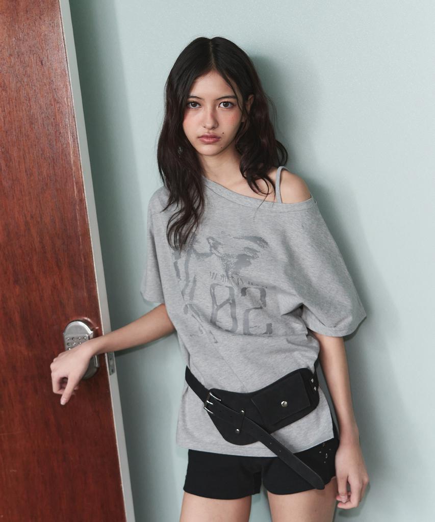 Ledeoli Vintage Slit One-Shoulder Short Sleeve T-Shirt [Melange]