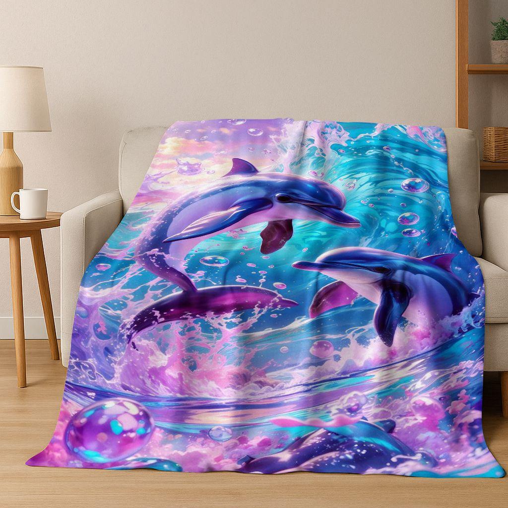 Dream Underwater World Sea Dolphin Turtle Coral Art Flannel Blanket,Cozy Soft Throw Blanket for Home Bedroom Bed Sofa Gift Kids