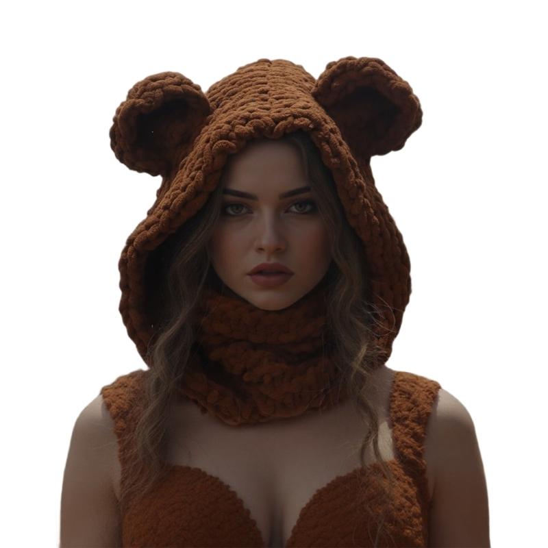 

Bear Ear Thicken Knitted Cap With Scarf Face Covers Cold Weather Windproof Protective Pullover Hat For Adult Teens