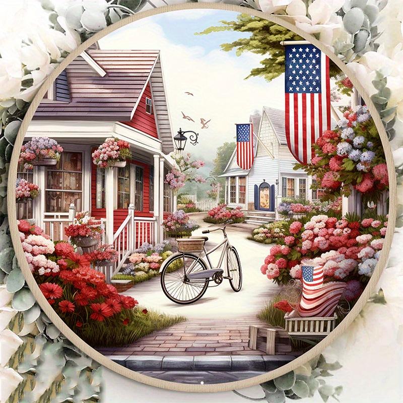 Patriotic American Small Town Round Metal Tin Sign D Flat Printing th of July Floral Street Wall Plaque For Home Decor 20x20cm(8x8inch)