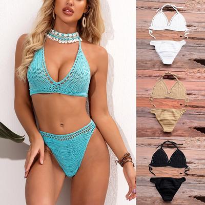 Handwoven Crochet Bikini Set with Hollow Shell Top Adjustable Halter Neck and High Waist Bottom for Women Summer Beachwear Swimwear
