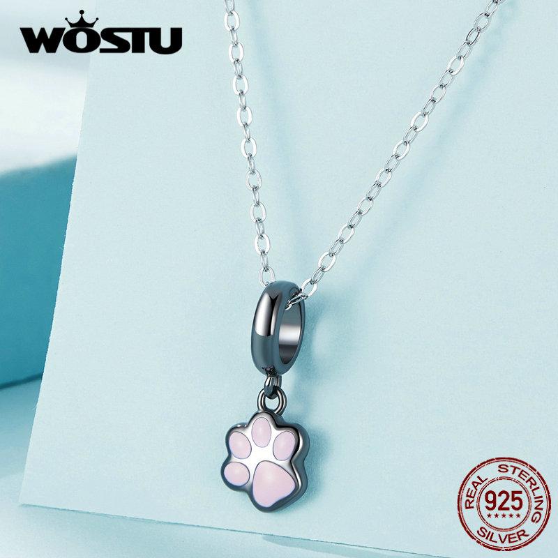 WOSTU 925 Sterling Sølv Svart Gull Mini Cat Paw Charms Anheng Dyreperle For Kvinner Fit DIY Armbånd Halskjede Smykkefremstilling