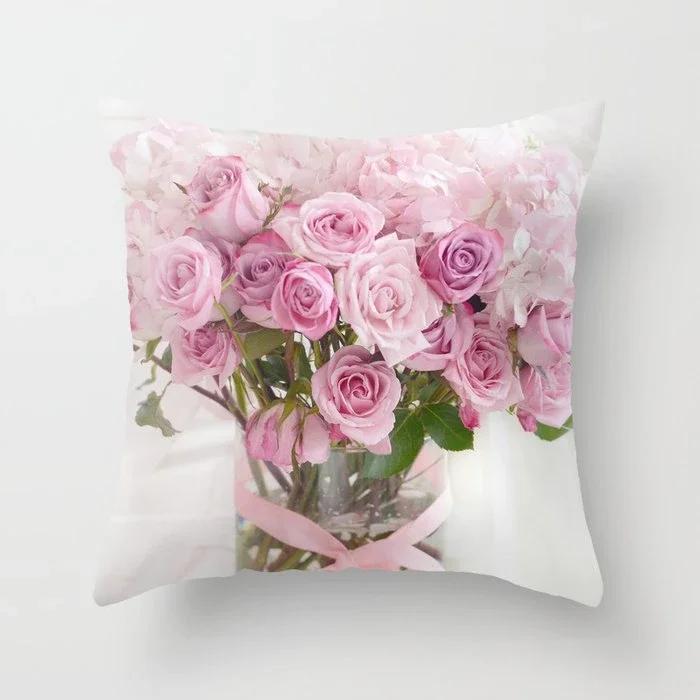 Rose Flowers Polyester Cushion Cover  Nordic Style Home Decoration Throw Pillow For Sofa Bed Car Pillow Case