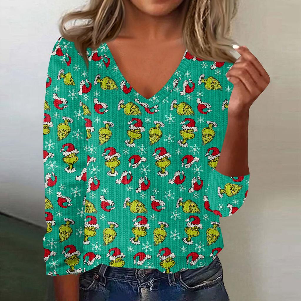 Women's Cute Sweatshirt Knitted Fashion Casual V-neck Long-sleeved  Cozy Print Top