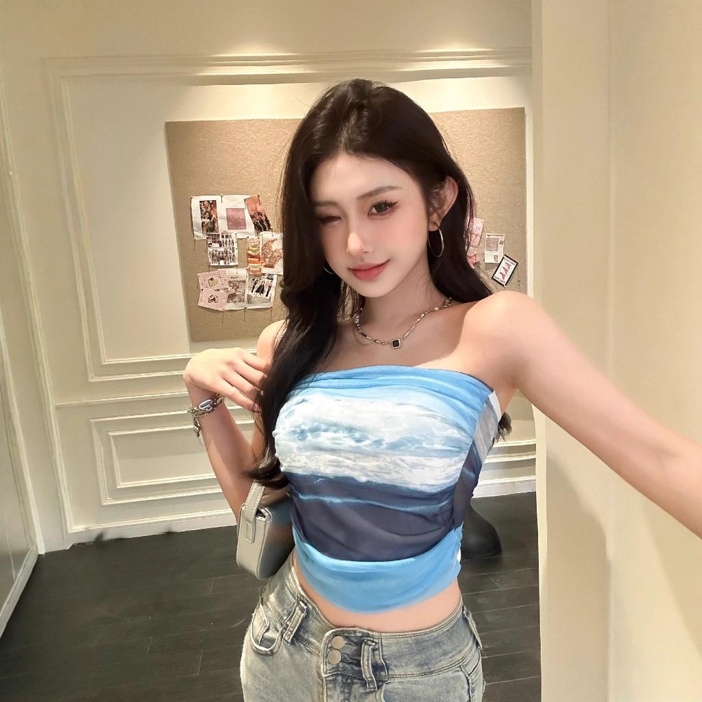 Spice Girl pleated waist strapless tube top with tie-dye printed chest wrap vest and short top