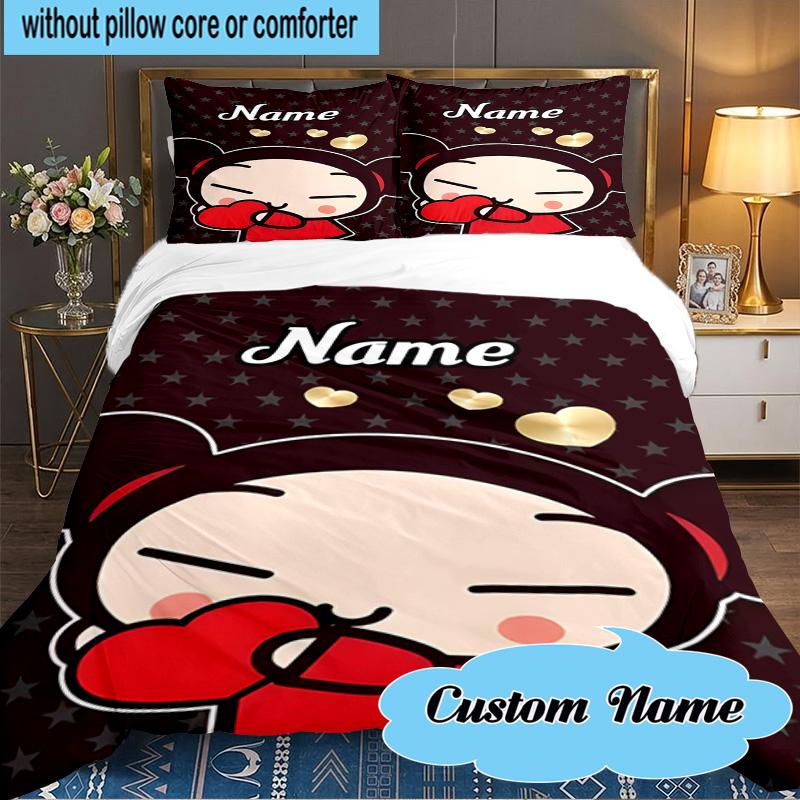 Custom Name 3PCS Heartfelt Pucca Moment Bedding Set Including 1pc Duvet Cover And 2pcs Pillowcases for Bedroom, Dormitory Gift Home Decor