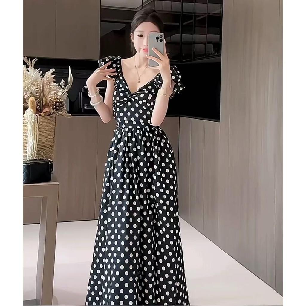 Korean Style Puff Sleeve Polka Dot A-Line Slit Dress - Summer 2026 Collection