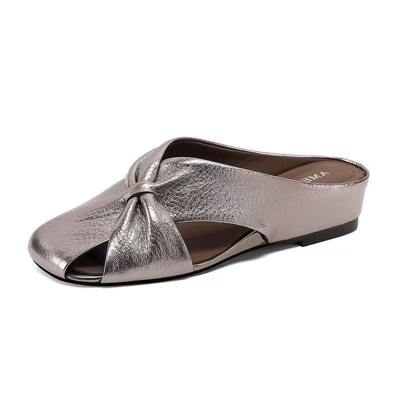 Fashion New Summer Baotou Hollow Slippers Women's Fashion Square Toe Shallow Mouth Soft Leather Flat Half Slippers Without Heel