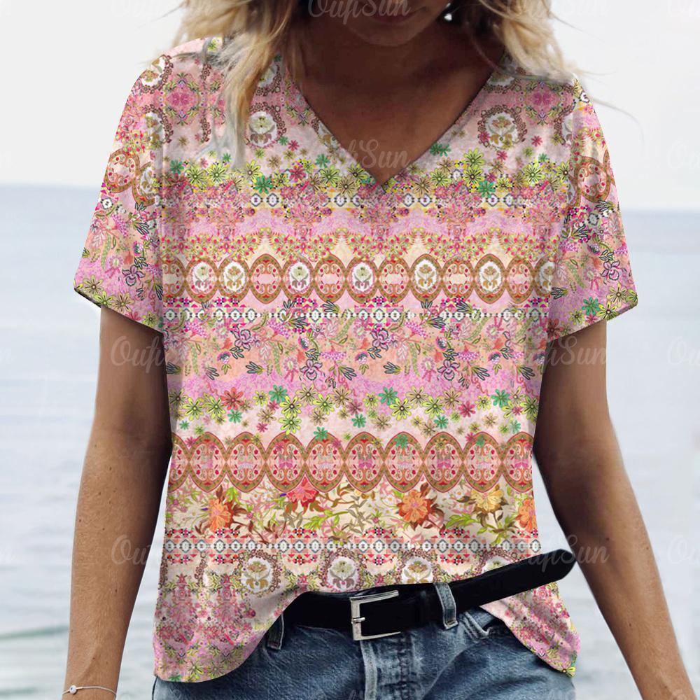 

Винтажная женская футболка с этническим цветочным принтом, блузка большого размера, женская трендовая одежда, модная рубашка с коротким рукавом, женская рубашка с v-образным вырезом, собака 8XL