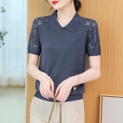 Damenbekleidung Lässige Strickpullover mit Lochmuster Mode Einfarbig 2023 Sommer Dünnes T-Shirt mit Bubikragen und Schraubgewinde