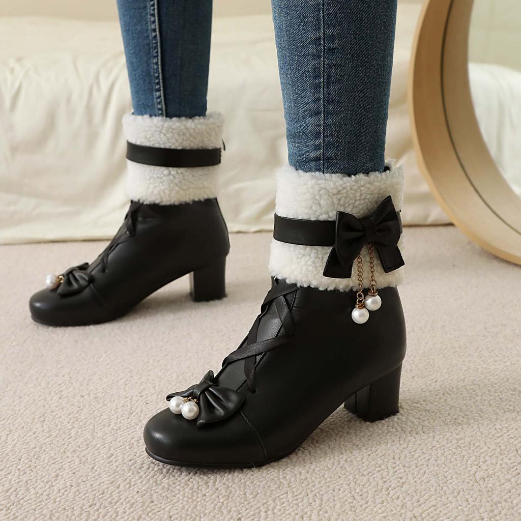Mode Belles Bottines Femmes Talon Épais Lacets Bottines Cosplay Talon Bloc Douces Bottines Cheville Jolies Bottines Dentelle Avec Nœud