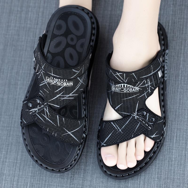 Fashion Men's Black Flip Flops Summer Leather British Wind and Sandals Slippers Feet Non-slip Thick Bottom Flat Heel Beach Shoe Slippers