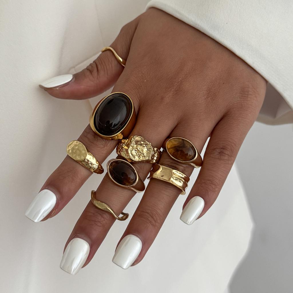 8pcs Set Personality Trend Smooth Surface Wrinkles Liquid Metal Acrylic Gemstone Open Rings for Men Women Designer Jewelry Sets
