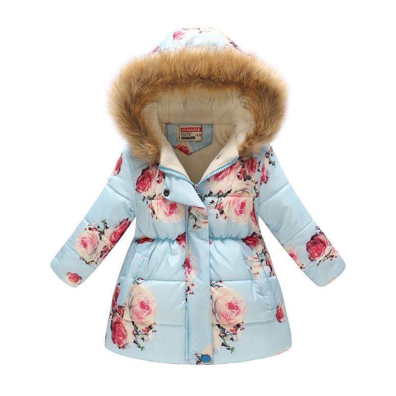 Autumn and Winter Children's Cotton Jacket Boys and Girls Fashion Printing Cartoon Big Boy Long Section Hair Collar Hooded Cotton Coat Jacket
