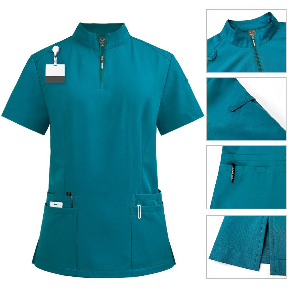 Stand-up Collar Zipper Doctor and Nurse Work Uniform Surgical Gown Straight Pants Solid Color Suit