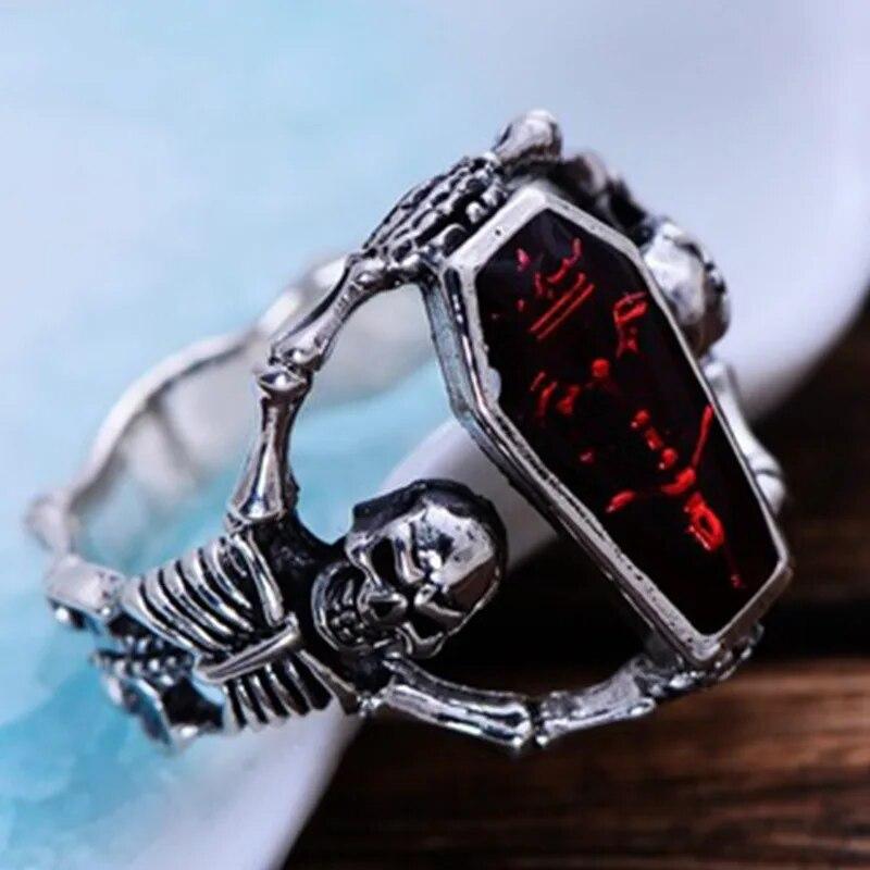 FDLK Vintage Punk Totenkopf Ring Männer Hip Hop Verlobungsring Männlich Mode Rot Zirkon Ringe Für Frauen Schmuck Silber Farbe ringe