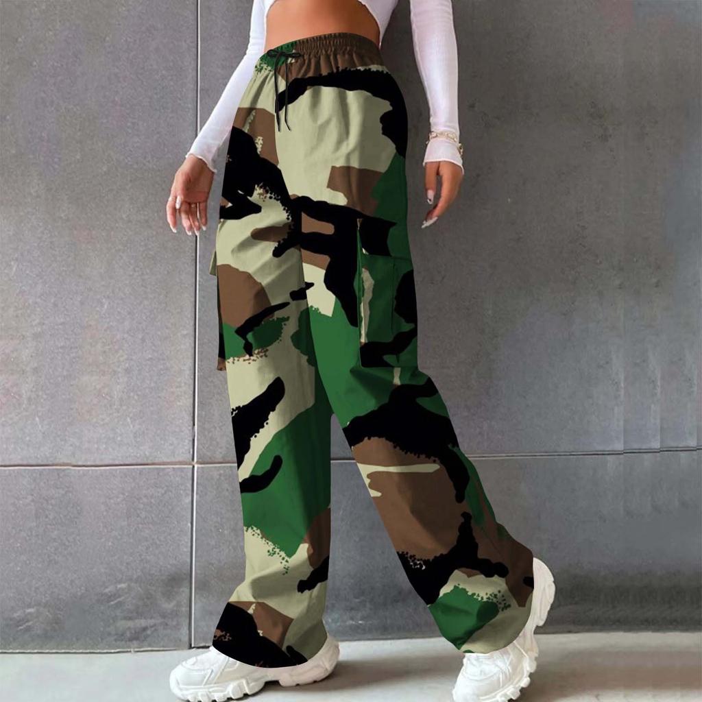 Women’s High-waisted, Wide-leg, Straight-cut, Loose-fitting, Elegant Commuter Trousers; Printed Camouflage Trousers; Casual Trousers