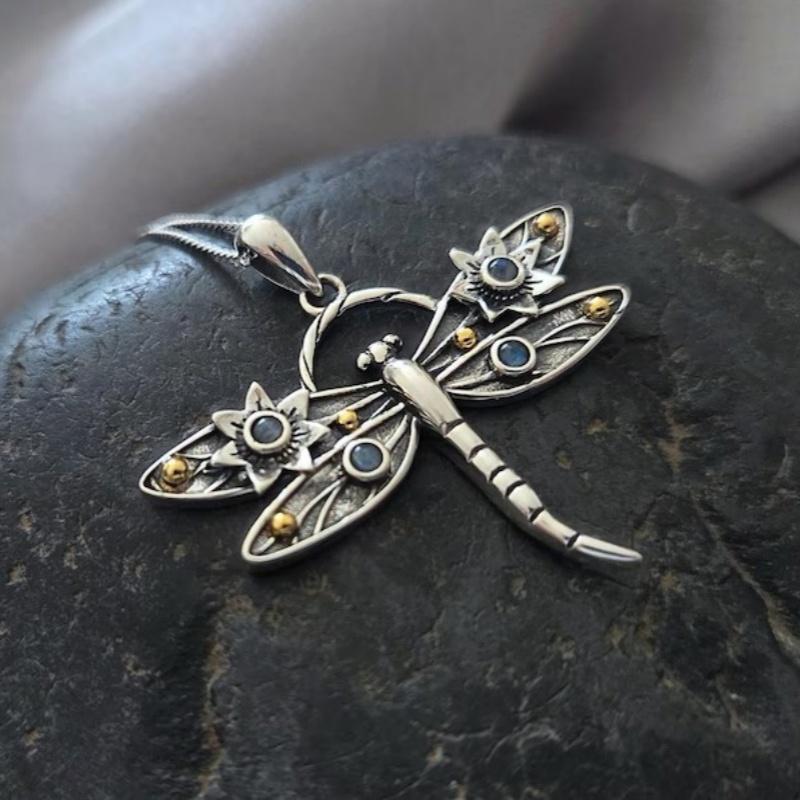 1 Piece Vintage Insect Dragonfly Flower Faux Blue Crystal Metal Silver Color Pendant Necklace