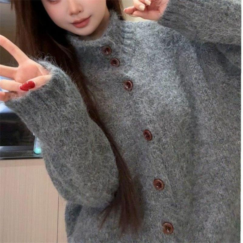 2026 Women's Solid Color High Neck Knit Cardigan – Autumn/Winter Collection