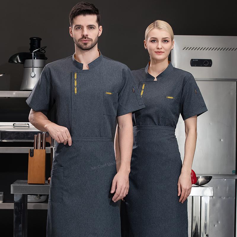 Sommar Herr Kortärmad Kockjacka Svart Uniform Kockrock Förkläde Arbetskläder Logotyp Kockshorts Andningsbar Restaurang Kök