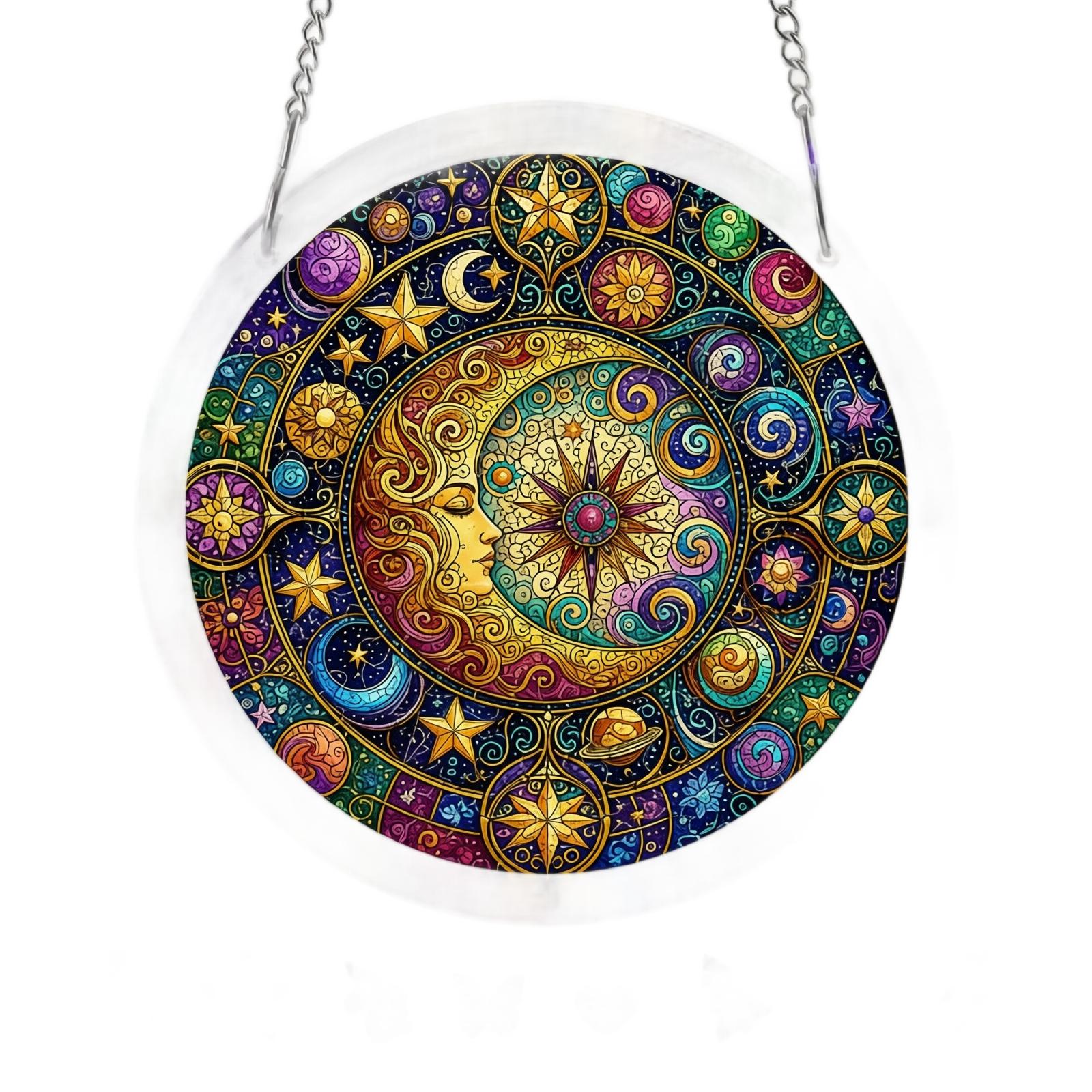 Acrylic Sun Catcher Window Hanging Ornament with Celestial Design Featuring Moon Stars and Sun Motifs for Indoor Outdoor Decoration One Size