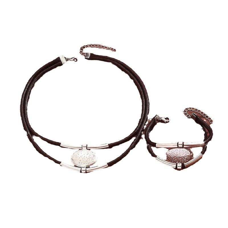 Bohemian Black Silver Oval Pendant Necklace Bracelet Set Creative Versatile Ladies Jewelry Set