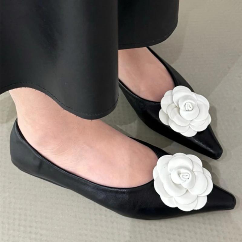 New Elegant Flowers Pointed Toe Square Heeled Flat Shoes Bridal Wedding Shoes Party Casual Shallow Mouth Overfoot Women's Shoes