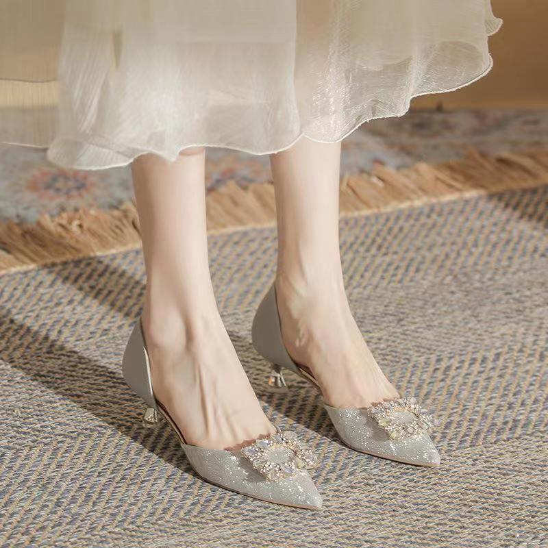 Fashion Women's Spring New Sequin Square Buckle Rhinobarrhine-head Shallow Mouth Empty Breathable High Heels