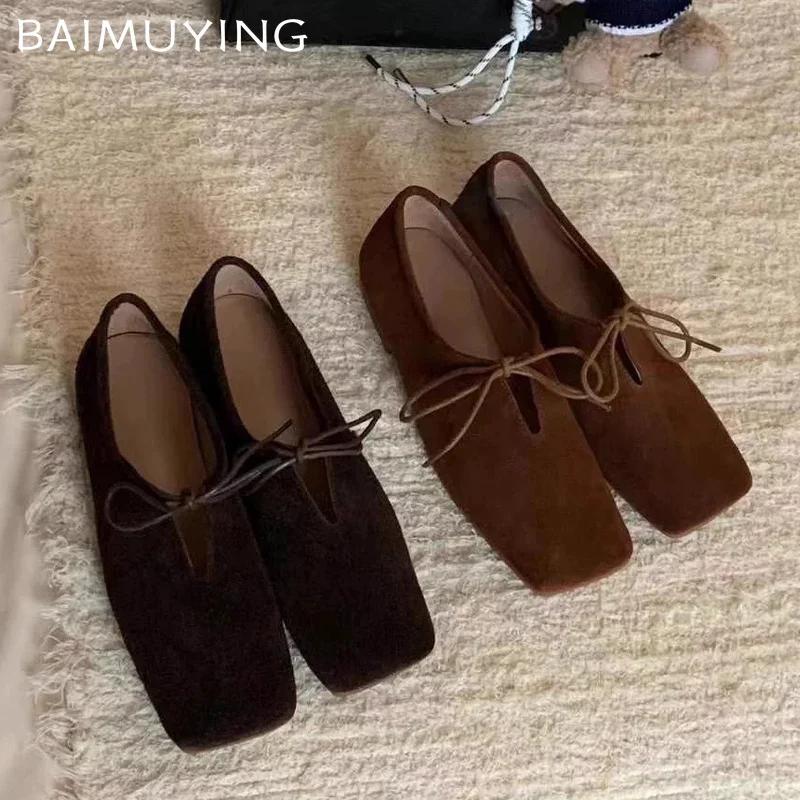 Dámské ploché boty se čtvercovou špičkou semišová mašle nové boty zimní designové ležérní boty 2024 trend chůze šaty móda Chaussures Femme