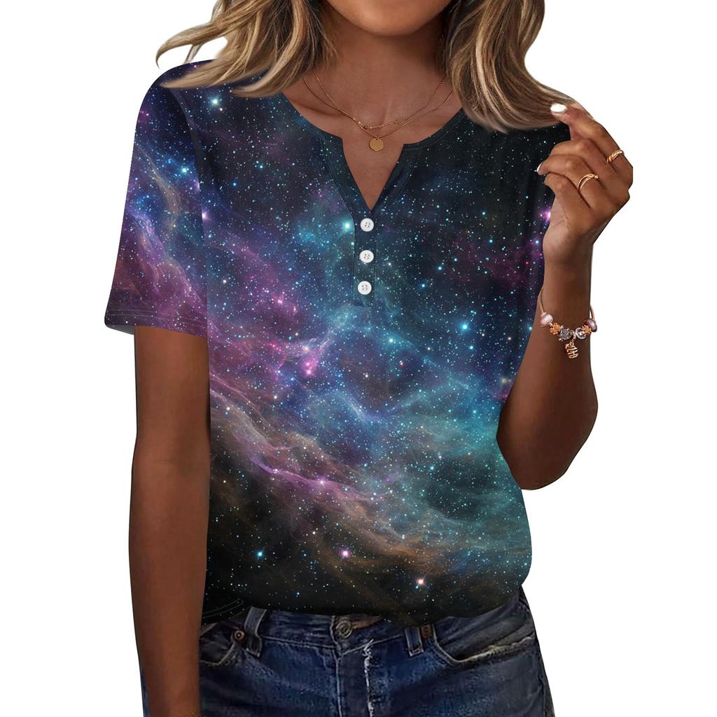 Women's T Shirt Print Button Short Sleeve Daily Weekend Fashion Basic V, Neck Regular Top