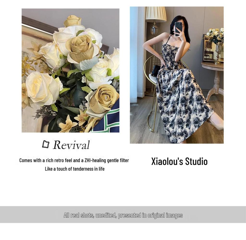 Women's Elegant French Floral Pleated Strappy Dress - Summer High Waist A-line Long Skirt