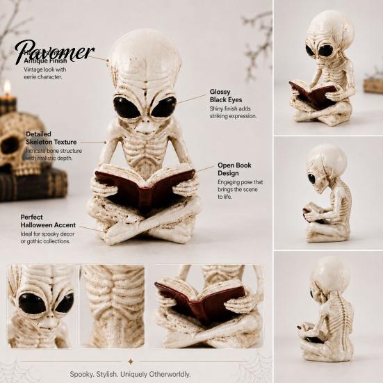 Resin Book Reading Figurines Alien Cross Legged Skeleton Figurine, Sci-Fi Gothic Detailed Bone Crafts Halloween Ornament, Collection Statue