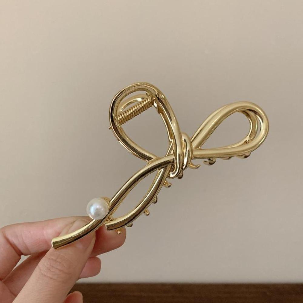 1pc Fashion Elegant Bow Shaped Metallic Hair Claw Pearl Accent Designs Perfect for Sweet Daily Looks Romantic Styles Accessories