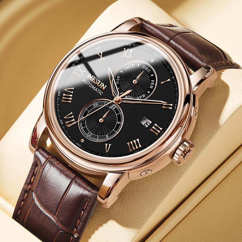 

Мужские автоматические механические часы NESUN - Повседневные, Модные, Водонепроницаемые, Натуральная кожа, Нержавеющая сталь, Наручные часы 9026