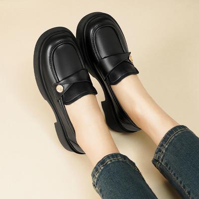 Soft Leather Gold Coins Women's Style Thick Heels Single Shoes Thick Soles and Small Leather Shoes