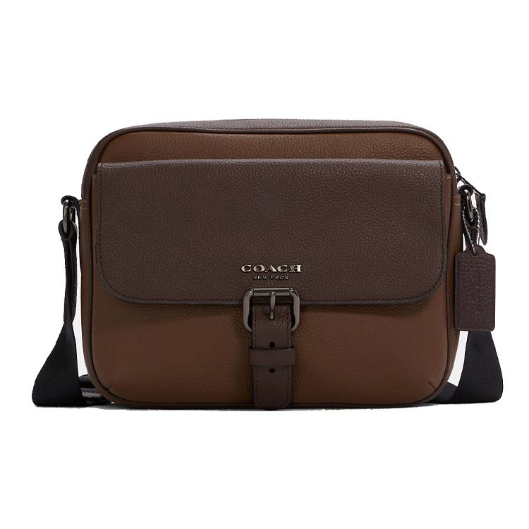 Coach Hudson 23 Litchi Grain Zipper Closure Leather Camera Bag Men Shoulder Bag Brown C5415-QBQ9S Basic Set (Bag+Dust Bag)