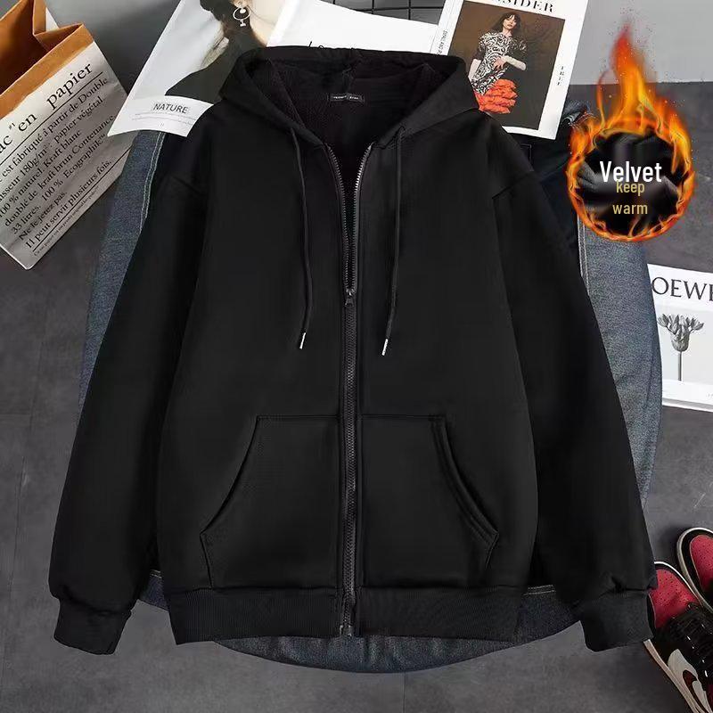 

Men s Plus Velvet Thick Hooded Sweatshirt: Autumn/Winter National Trend, Warm Pure Color, Loose Fit, Large Size, Zipper Hoodie M