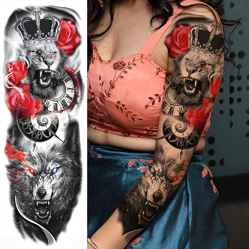 1 Sheet Long Sleeve Temporary Tattoos For Men Women Flower Skull Lion Wolf Tiger Nun Fox Compass Tattoo Sticker Body Art Arm Leg