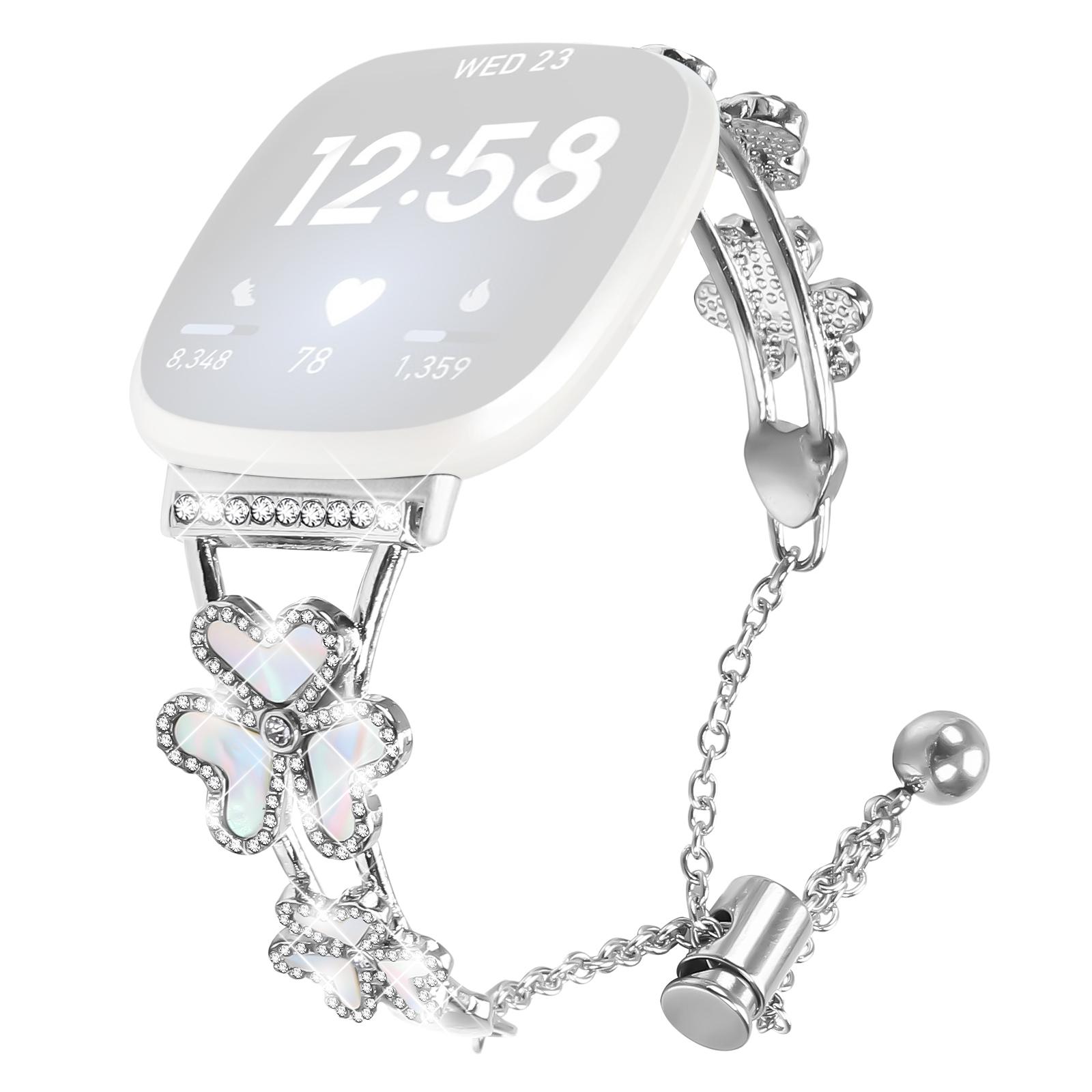 

Metal Band For Fitbit Versa 4/Sense 2 Heart Clover Decor Watch Strap Replacement Silver