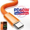Universal 60W PD Fast Charging USB C Data Cable For iPhone 17 16 Pro Max 17 Air Orange Nylon Braided Cables Support for Carplay